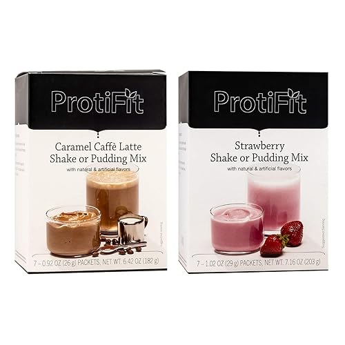 PROTIFIT - High Protein Caramel Caffe Latte & Strawberry Pudding & Shake Mix 2 Pack, 15g Protein, Low Calorie, Low Fat, Low Carb, Aspartame Free, Idea
