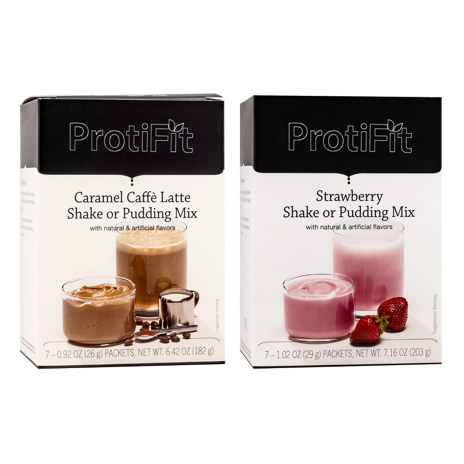 PROTIFIT - High Protein Caramel Caffe Latte & Strawberry Pudding & Shake Mix 2 Pack, 15g Protein, Low Calorie, Low Fat, Low Carb, Aspartame Free, Idea