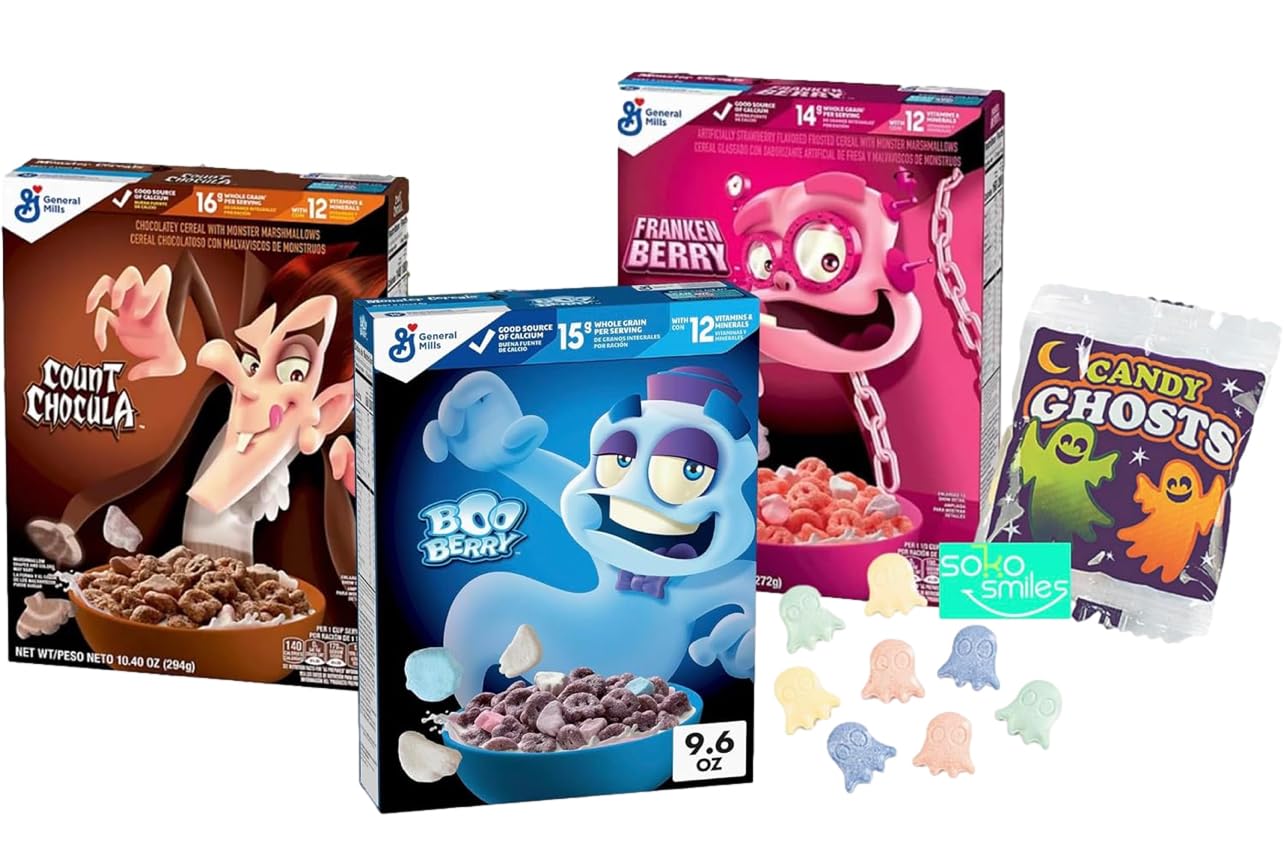 Monster Breakfast Variety Pack Cereals | Featuring Boo Berry, Frankenberry and Count Chocula Flavored Cereals | Bundled with Halloween Fun Marshmallow