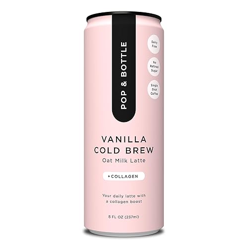 Pop & Bottle Vanilla Oat Milk Lattes - Cold Brew, Sustainably Sourced Marine Collagen, MCT Oil, Organic, Dairy Free, Gluten Free, Lightly Sweetened