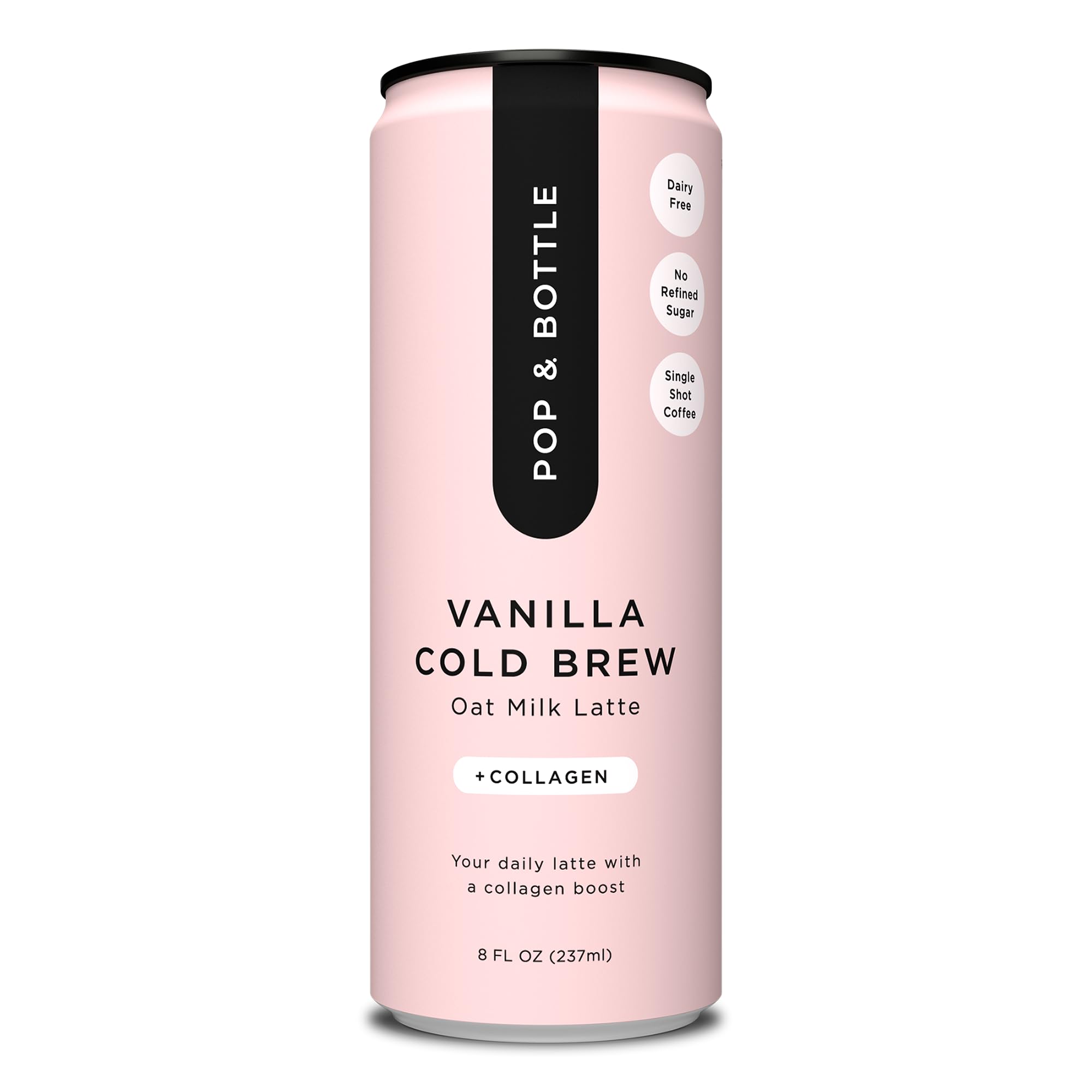 Pop & Bottle Vanilla Oat Milk Lattes - Cold Brew, Sustainably Sourced Marine Collagen, MCT Oil, Organic, Dairy Free, Gluten Free, Lightly Sweetened