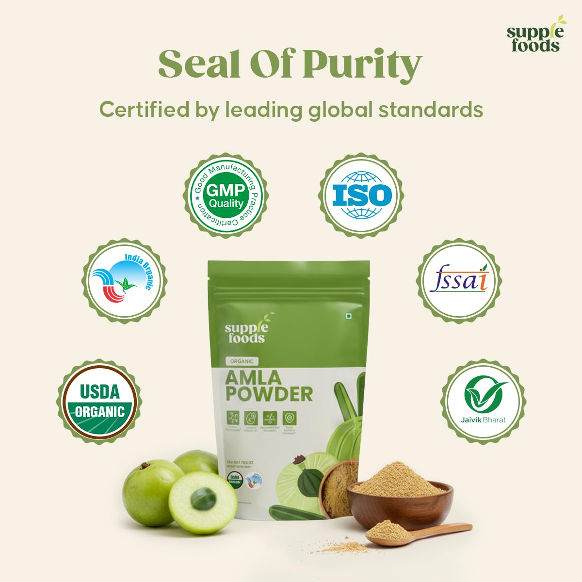 Supplfoods Organic Amla Powder 200g (7.05 oz) - Amla (Indian Gooseberry) Powder | USDA Organic Superfood Supplement for Digestion, Immunity & Skin