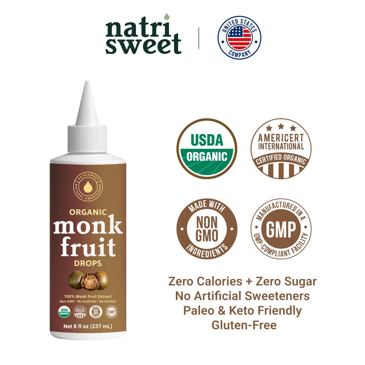 Organic Monk Fruit Liquid Sweetener Drops, 100% Pure Extract, Zero Sugar & No Erythritol, Original Flavor Liquid Monk Fruit for Coffee, Tea, Drinks