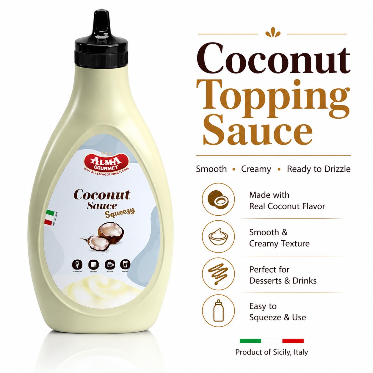 Alma Gourmet Coconut Topping Sauce Imported from Italy, 17.6 Oz (500g) - Creamy Coconut Dessert Syrup, Sweet Coconut Sauce Drizzle for Ice Cream