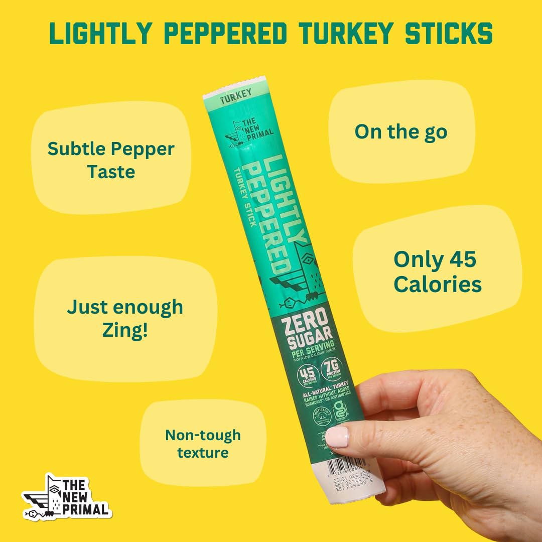 New Primal Lightly Peppered Turkey Sticks, Keto, Gluten Free Healthy Snacks, Sugar Free Low Carb High Protein, Jerky Meat Stick, 7g Protein, 20 Ct