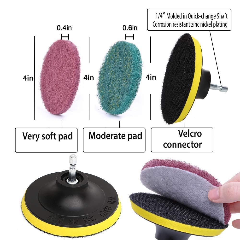 DUOSHIDA 5 Inch Drill Powered Brush Tile Scrubber Scouring Pads Cleaning Kit, 2 Different Stiffness, 5-Inch Disc Pad Holder with 6 Scrubbing Pads