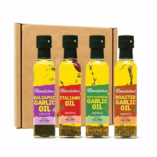 Benissimo Herb Infused Cooking Oil Chef Pack - 4 Artisan Flavored Oils: Italiano, Roasted Garlic, Mediterranean Garlic & Balsamic Garlic - Gourmet Cooking Oil Gift Set, All Natural, 8.1 fl oz Each