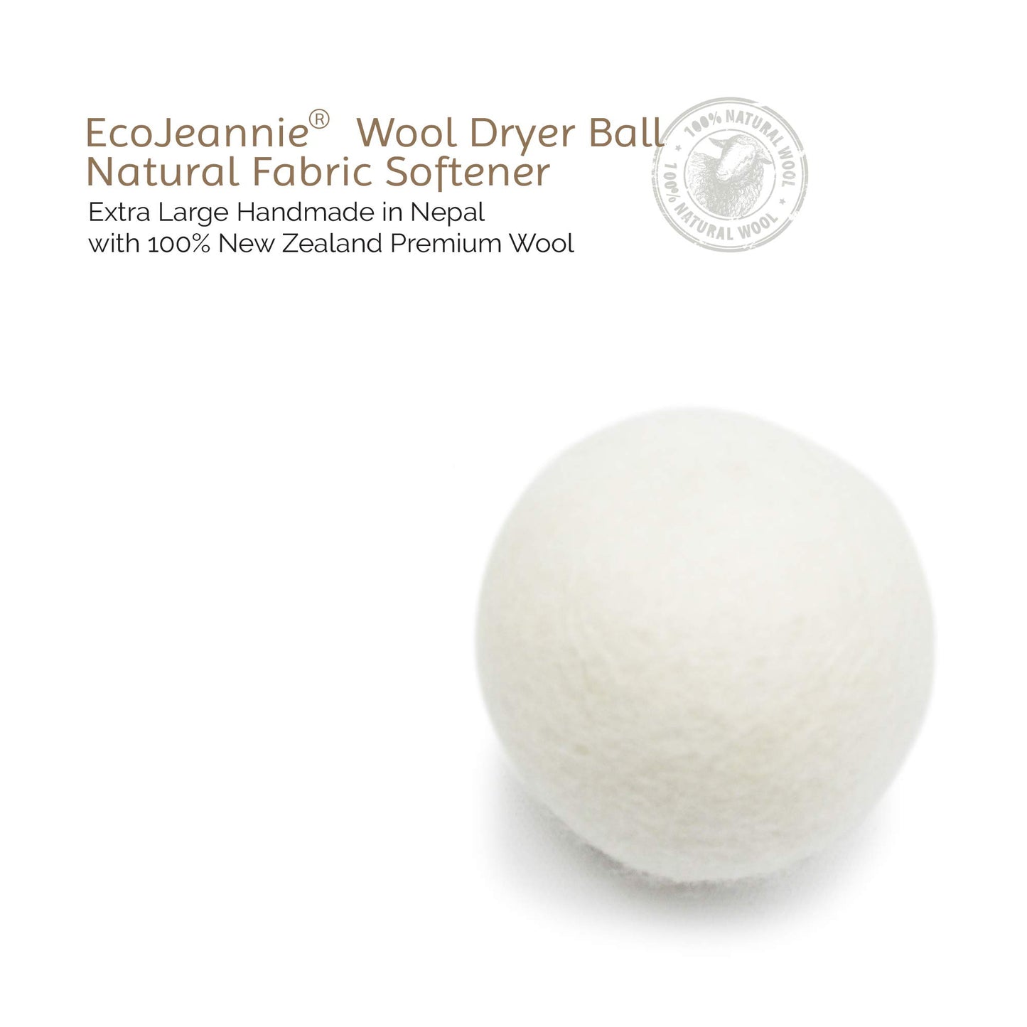 EcoJeannie Wool Dryer Ball 1 Piece - Premium XL Organic Eco-Friendly Natural Unscented Non-Toxic Felt Laundry Ball
