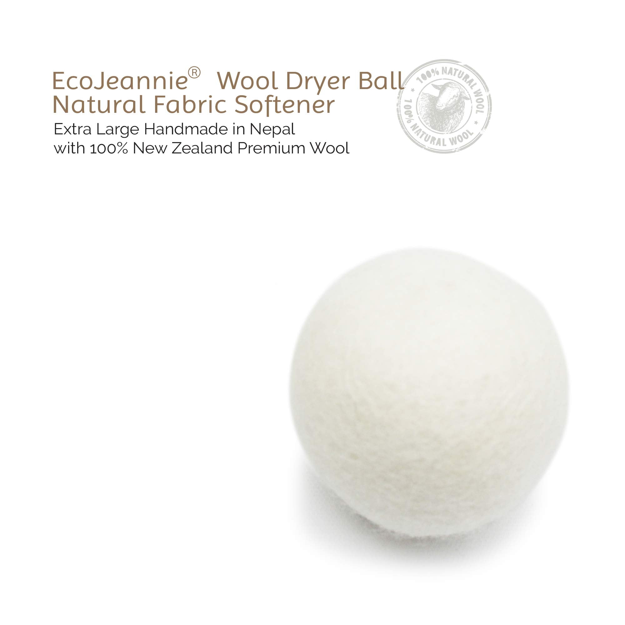 EcoJeannie Wool Dryer Ball 1 Piece - Premium XL Organic Eco-Friendly Natural Unscented Non-Toxic Felt Laundry Ball