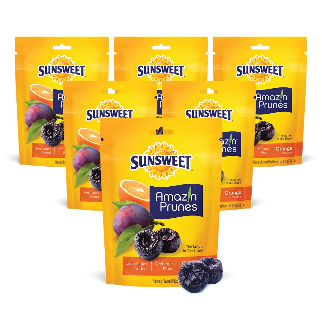 Sunsweet Amazin' Prunes Orange Essence - Prunes Pitted Unsweetened & Dried - Gluten Free, Vegan, Low Fat - Fiber & Minerals - 6 oz pouch - 6 Pack