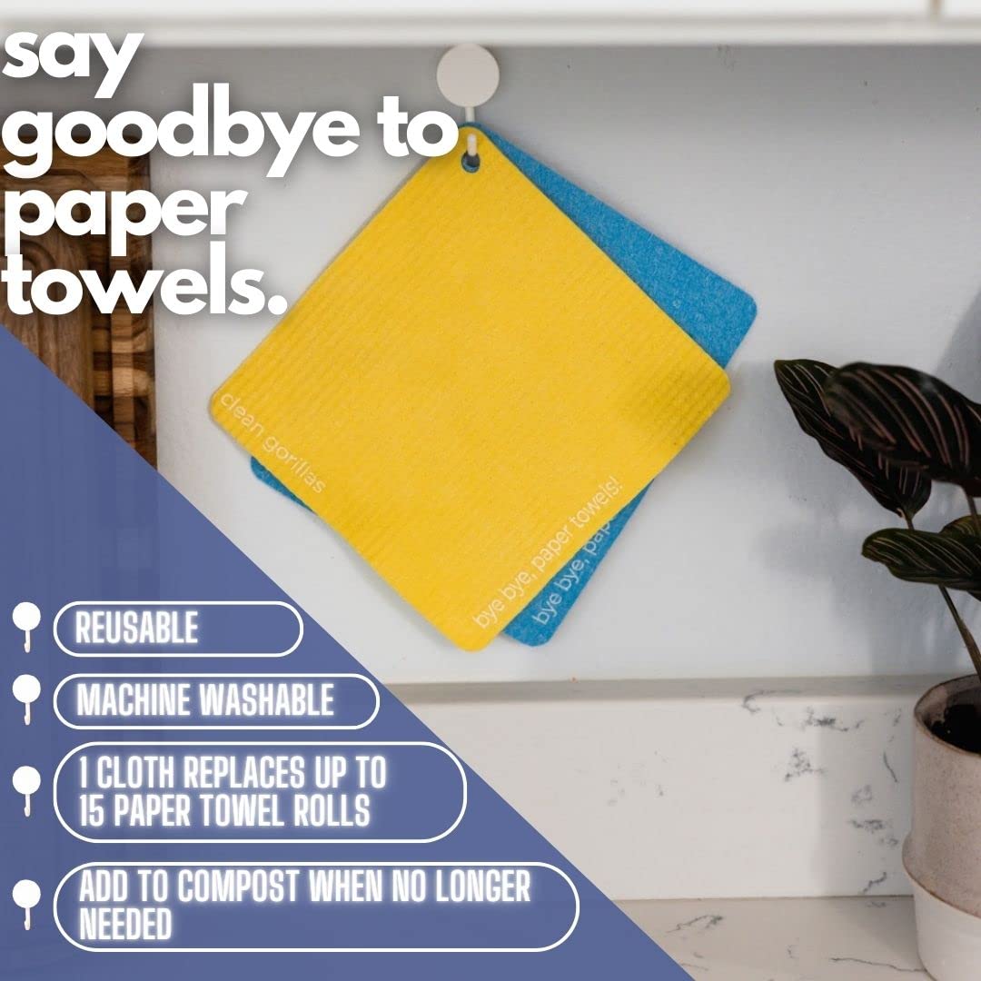 Clean Gorillas Swedish Dishcloths for Kitchen, Reusable Paper Towels, Ultra Absorbent, Eco-Friendly and Machine Washable, 5 Sheets and 3 Adhesive