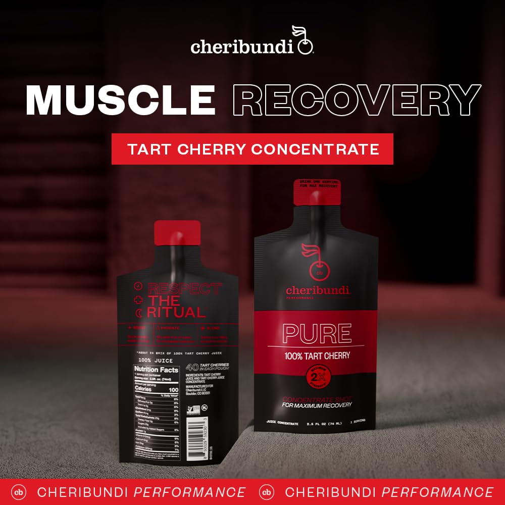 Cheribundi | 100% Tart Cherry Juice Pure Concentrate Grab & Go | 2.5 Fluid Ounce Pouch for Maximum Recovery with 40 Tart Cherries | 100 Calories, 0