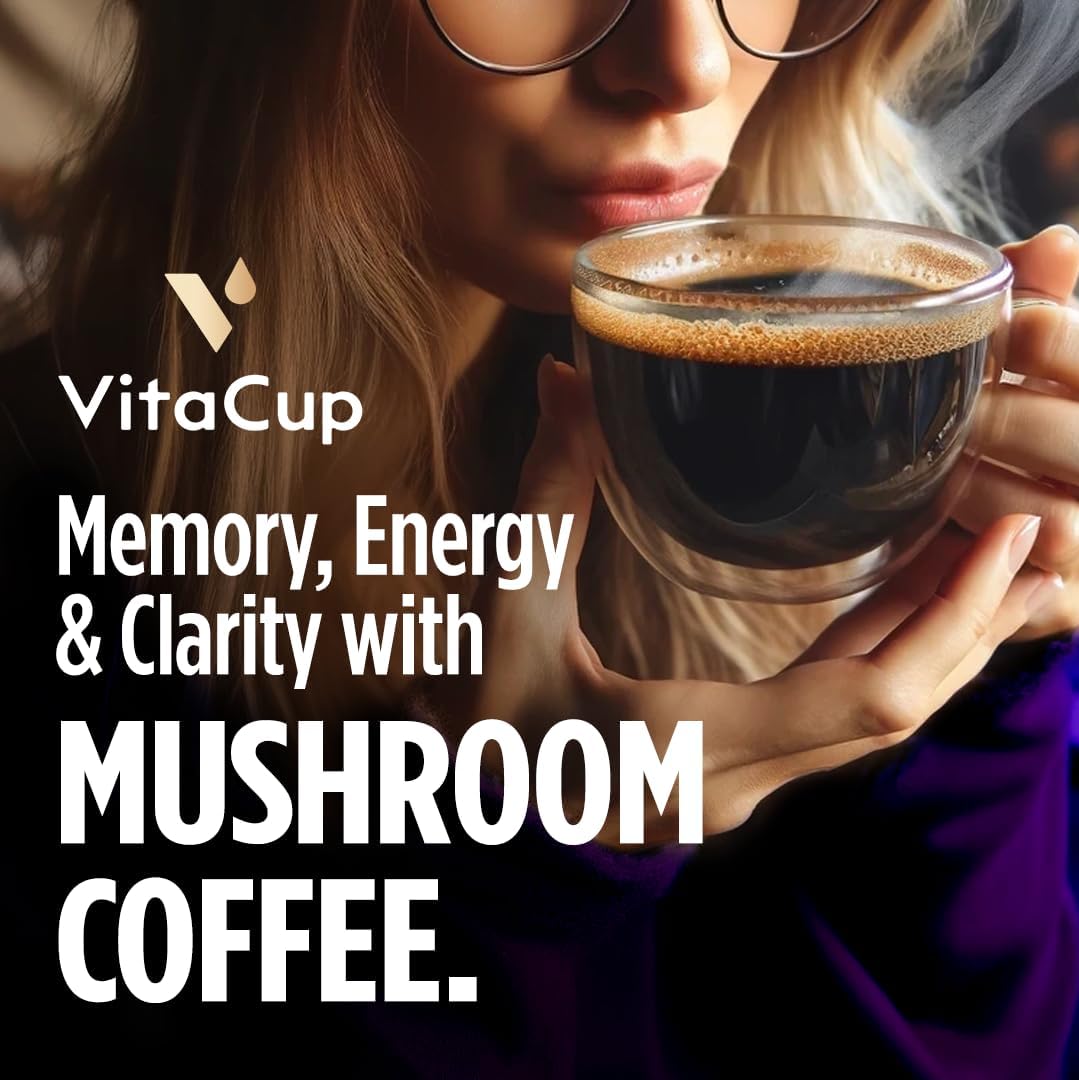 VitaCup Mushroom Instant Coffee | For Memory & Clarity Support | with Fiber, Chaga, Lion’s Mane | D3 & B Vitamins | Medium Roast 100% Arabica