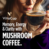 VitaCup Mushroom Instant Coffee | For Memory & Clarity Support | with Fiber, Chaga, Lion’s Mane | D3 & B Vitamins | Medium Roast 100% Arabica