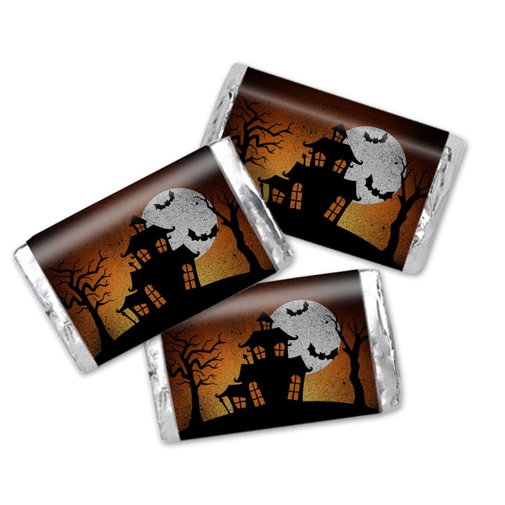 Amanda Creation Spooky Halloween Haunted House Mini Chocolate Candy Bar Sticker Wrappers, 45 1.4" x 2.6" Wrap Around Labels, Great for Party Favors