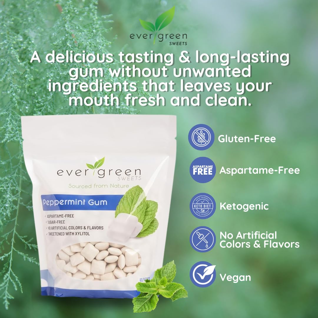 Evergreen Sweets Chewing gum - 400 Pieces Per Bag - Natural Peppermint Gum Made with Xylitol and Stevia - Sugar-Free, Aspartame Free and Vegan