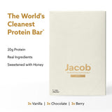 Jacob Bar, Protein Bars, Variety Pack (9 Bars Total) Contains 3 of Each; Chocolate, Vanilla, Berry - 20g Grass-Fed Protein, No Seed Oils, Nothing