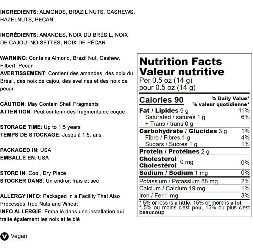 Food to Live Deluxe Unsalted Nuts Mix, 2 Pounds - A Blend of Dry Roasted Pecans, Cashews, Hazelnuts, Almonds, Brazil Nuts. Oven Roasted, Vegan
