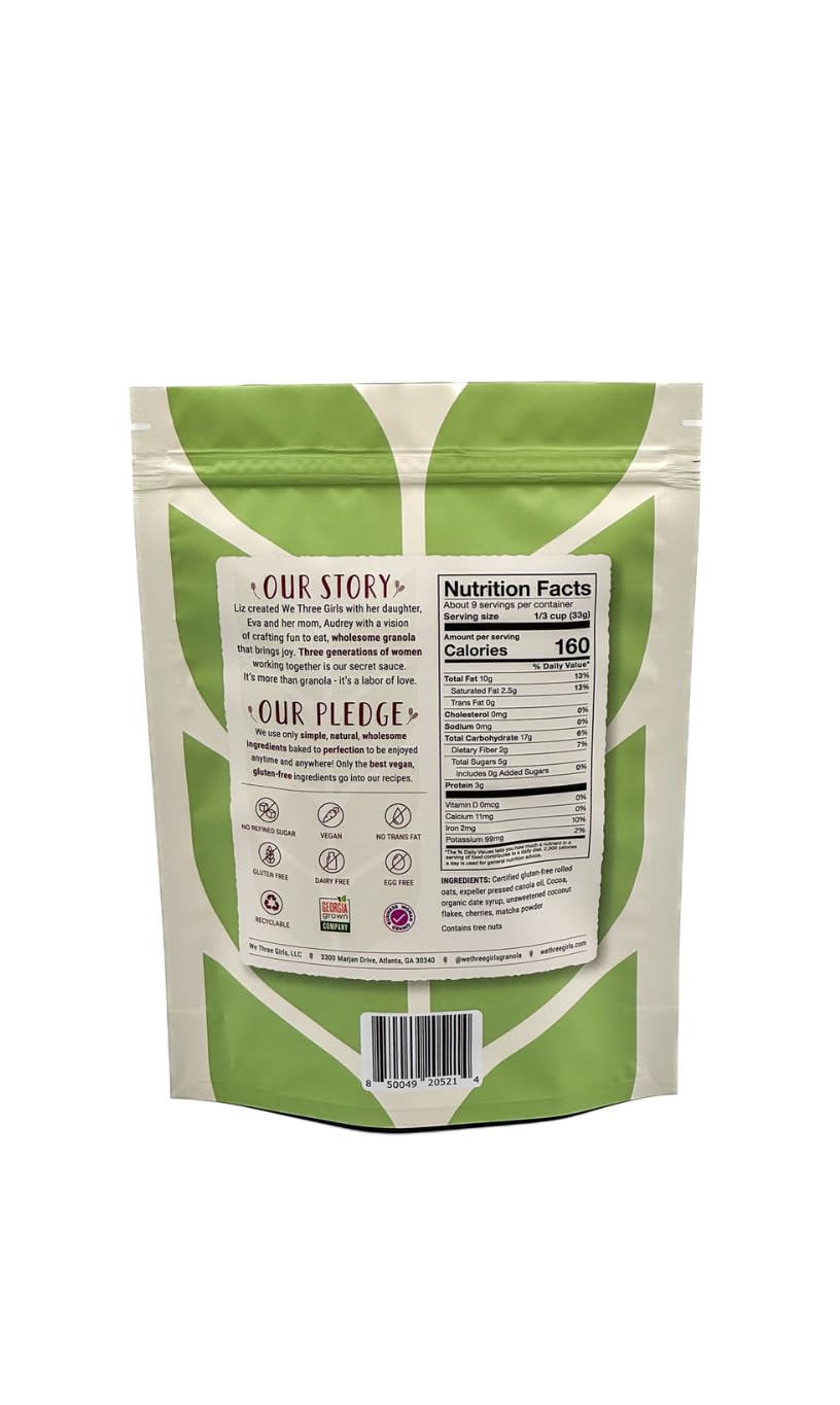 We Three Girls Granola - Chocolate Cherry Matcha (10 Ounce) | Small Batch Vegan Granola | All Natural Gluten Free Snack | Made in USA |