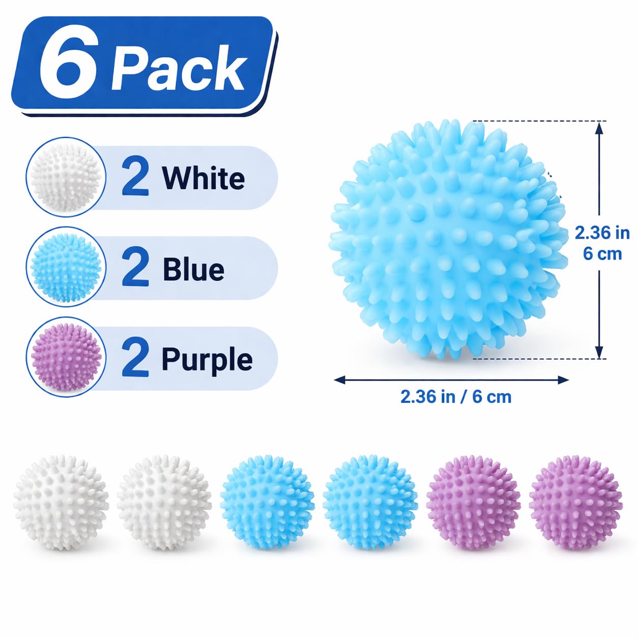 Reusable Laundry Balls for Washing Machine, 6 Pack Anti-Tangle Washer Balls for Blankets, Bedding & Towels, Helps Separate Clothes During Wash Cycles