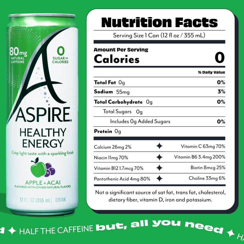 ASPIRE® Apple Acai, Healthy Energy Drink 80mg Natural Caffeine, Zero Sugar No Carbs Keto Friendly, 12 Pack Green Tea Sugar Free Drink Low Caffeine