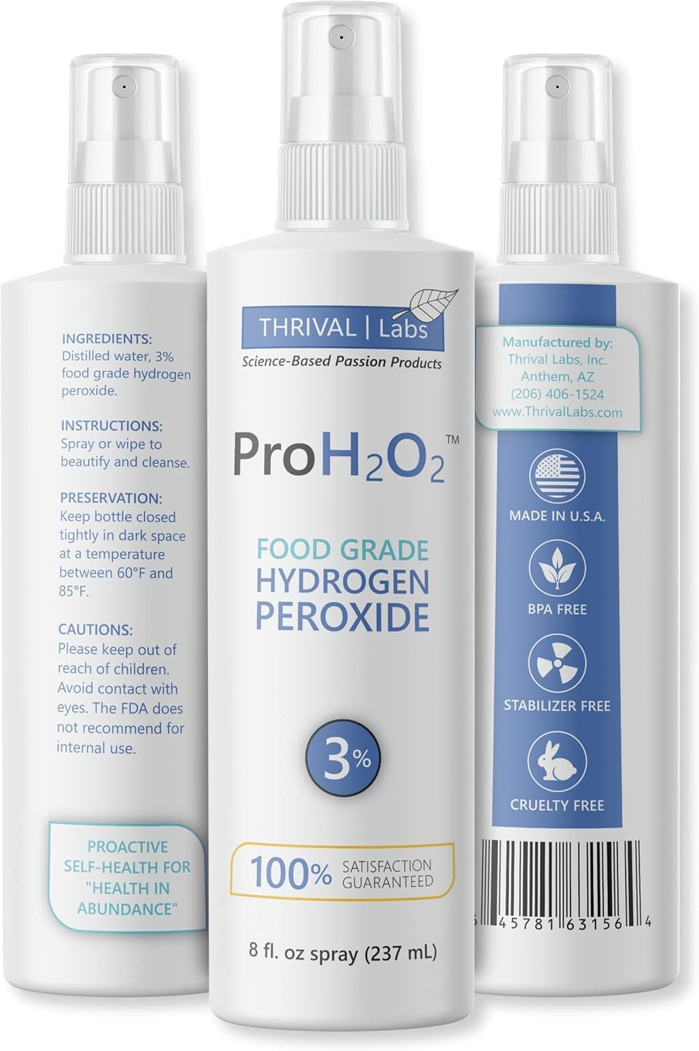 Thrival Labs ProH2O2 3% Food Grade Hydrogen Peroxide - Natural Cleaner & Disinfectant - Household Use - For Cleaning, Sanitizing & Gargle - 8 fl oz