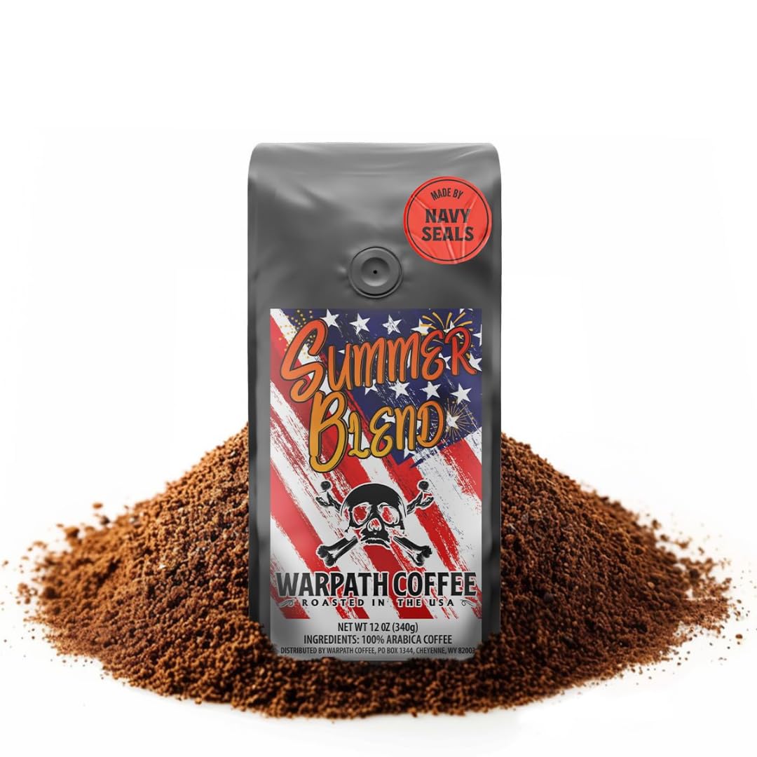 Warpath Coffee Medium Roast Ground Coffee, Summer Blend, High Caffeine, Extra Strong Roasted 100% Arabica Coffee Ground Beans, Caribbean Inspired Blue