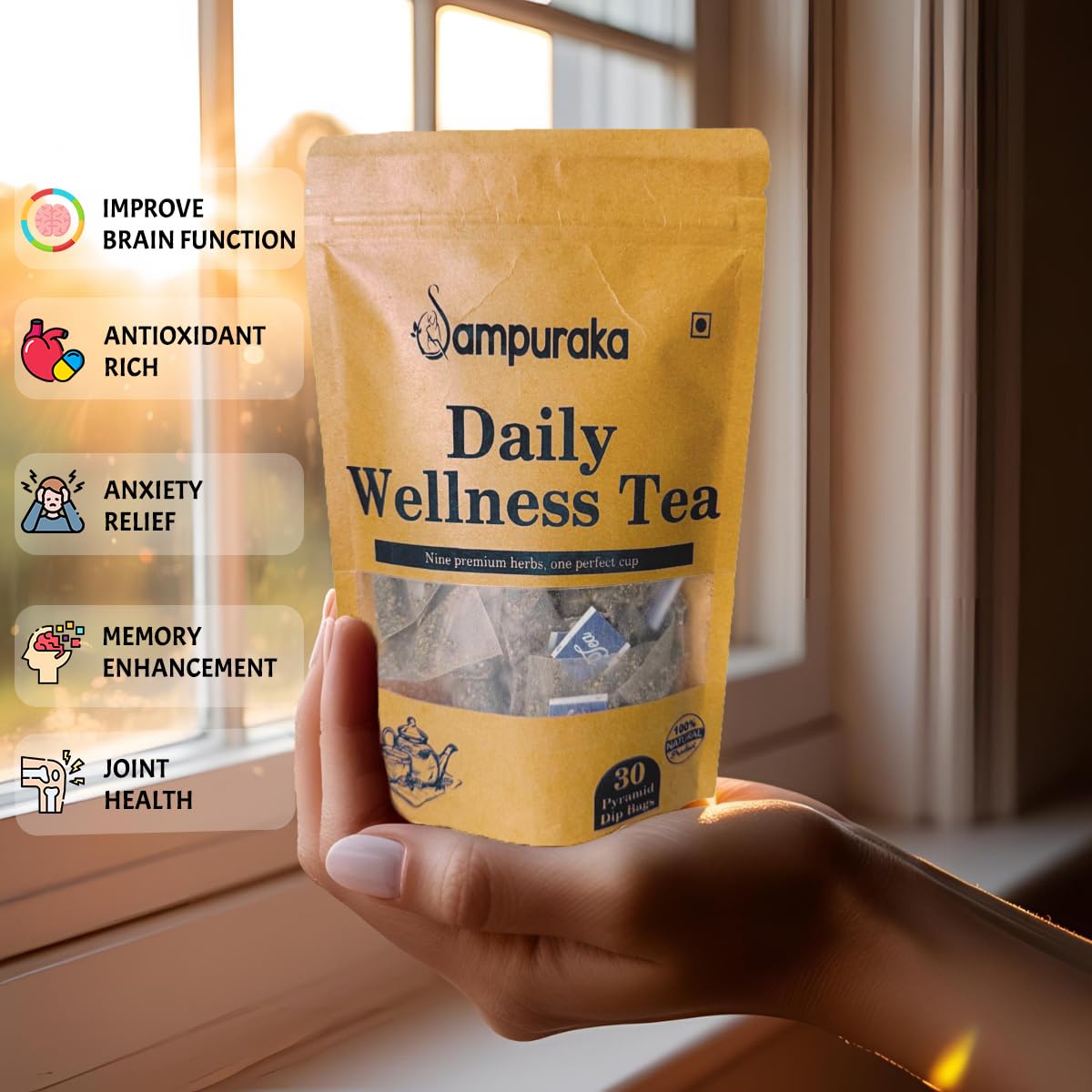 Sampuraka Daily Wellness Tea - Herbal Tea for Immunity & Relaxation Support with Turmeric, Ashwagandha, Ginger | Organic, Caffeine-Free (30 Tea Bags)