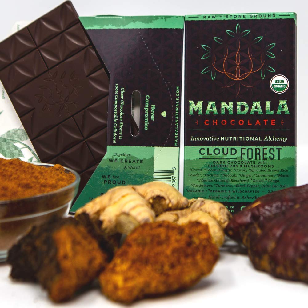 Mandala Superfood Low Glycemic Bean-to-Bar Chocolate (2.2 oz Bar) Organic, Artisan, Healthy, Vegan, Made with Adaptogens (Cloud Forest, 6-pack)