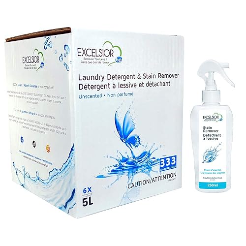 Excelsior HE Laundry Detergent Liquid Fragrance Free Concentrated 333 Loads 5 Liter With Natural Stain Remover, High Efficiency Washing Detergent