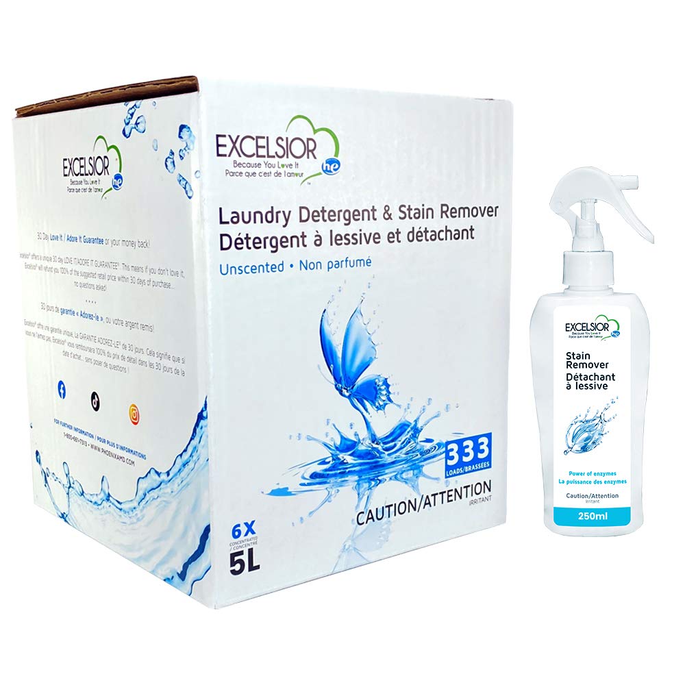 Excelsior HE Laundry Detergent Liquid Fragrance Free Concentrated 333 Loads 5 Liter With Natural Stain Remover, High Efficiency Washing Detergent