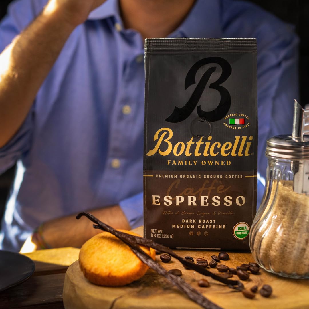 Botticelli Espresso Blend Ground CoffeeUSDA Organic, Medium Caffeine, Dark Roast 8.8oz