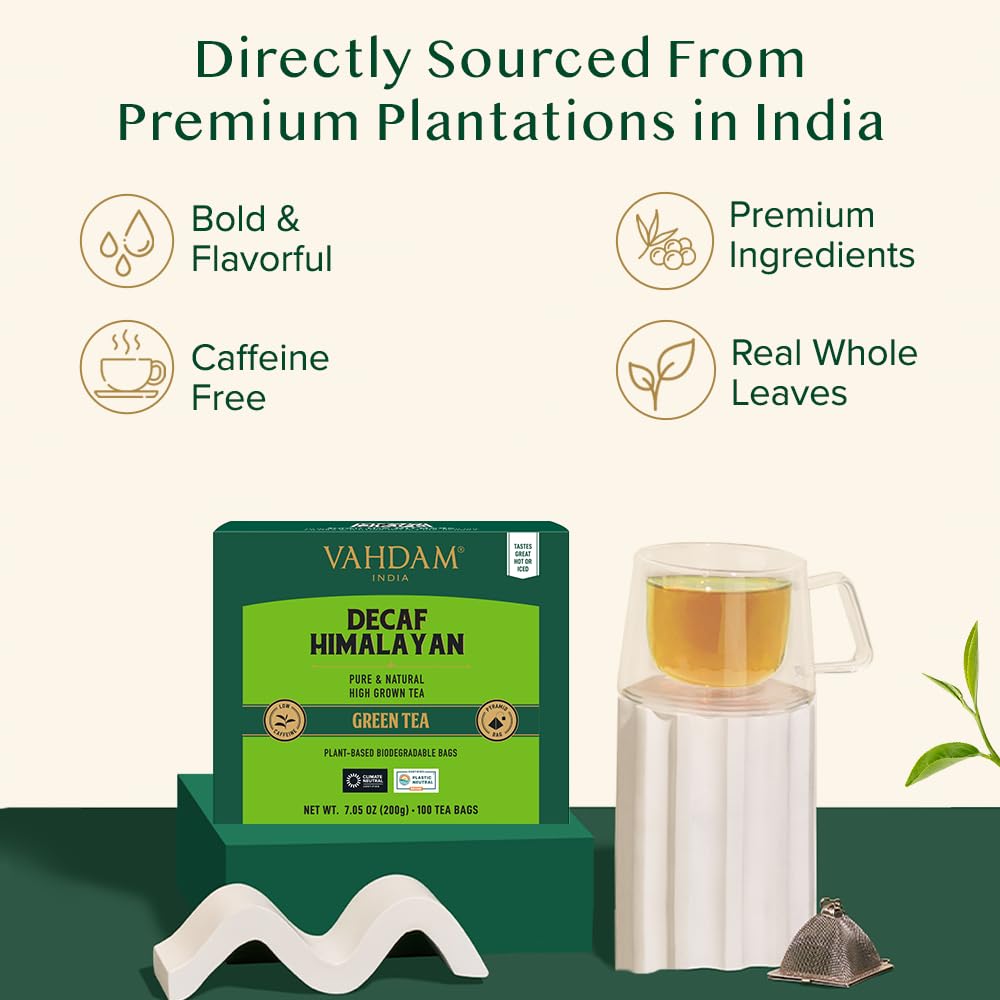 VAHDAM, Decaf Himalayan Green Tea Bags (100 Pyramid Tea Bags) Caffeine Free, Gluten Free | High Grown Decaf Green Tea | Resealable Ziplock Pouch |