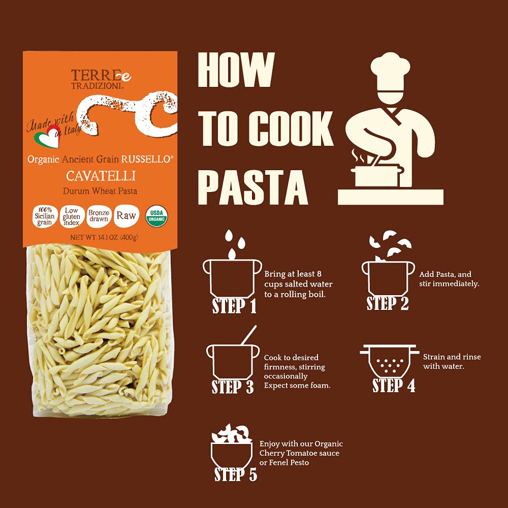 3 PACKS ORGANIC ITALIAN DURUM WHEAT CAVATELLI PASTA - Sicilian Ancient Grain Russello Vegan Crafted in Italy. LOW-GLUTEN INDEX. Has 6X More Fiber