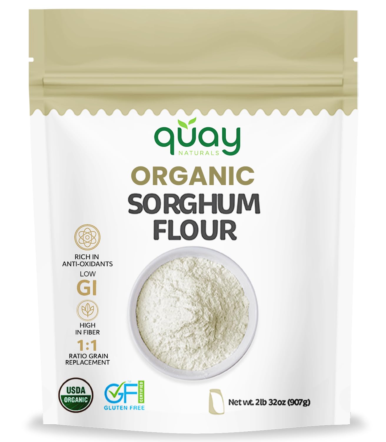 Quay Naturals Organic Sorghum Flour 2lb - Organic Jowar Flour - Made With Gluten Free Sorghum Whole Grain - Non GMO - Gluten Free Baking Flour