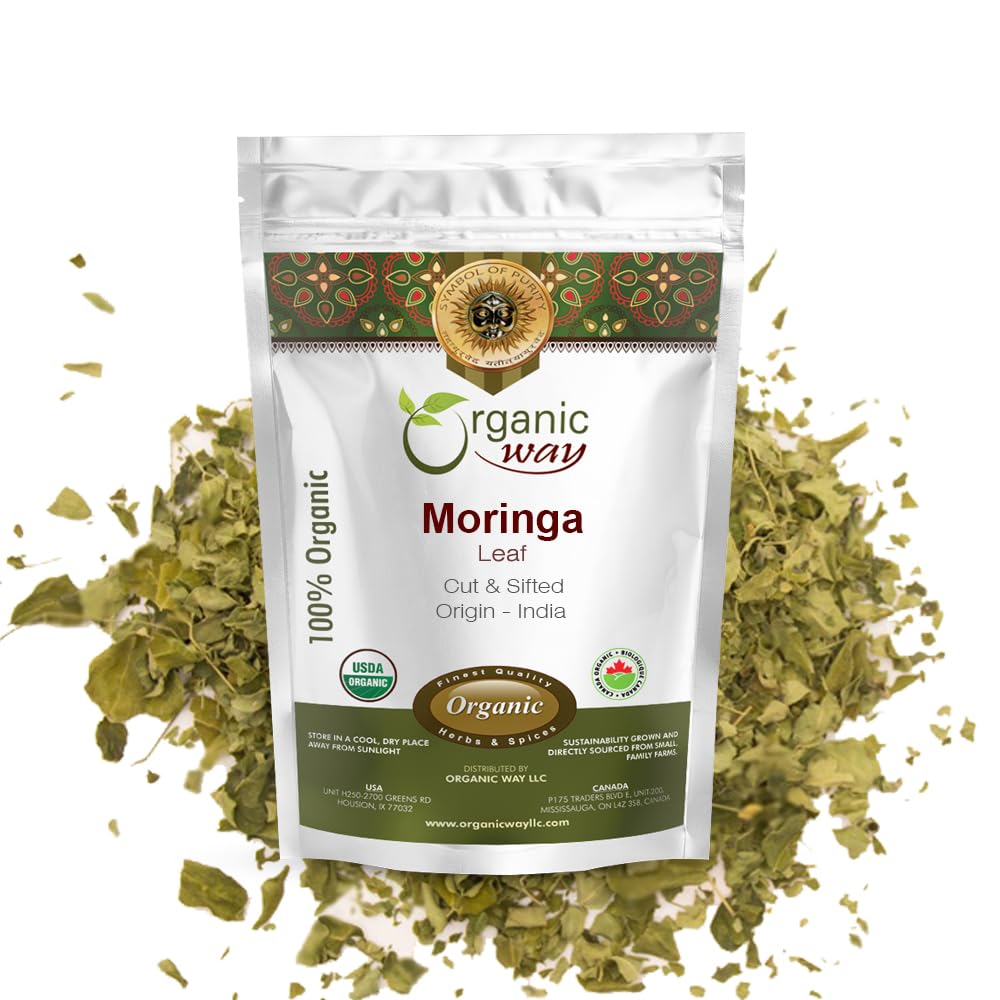 Organic Way Moringa/Drumstick Leaf Cut & Sifted (Moringa oleifera) | Herbal Tea - Organic & Kosher Certified | Vegan | Non GMO & Gluten Free | USDA