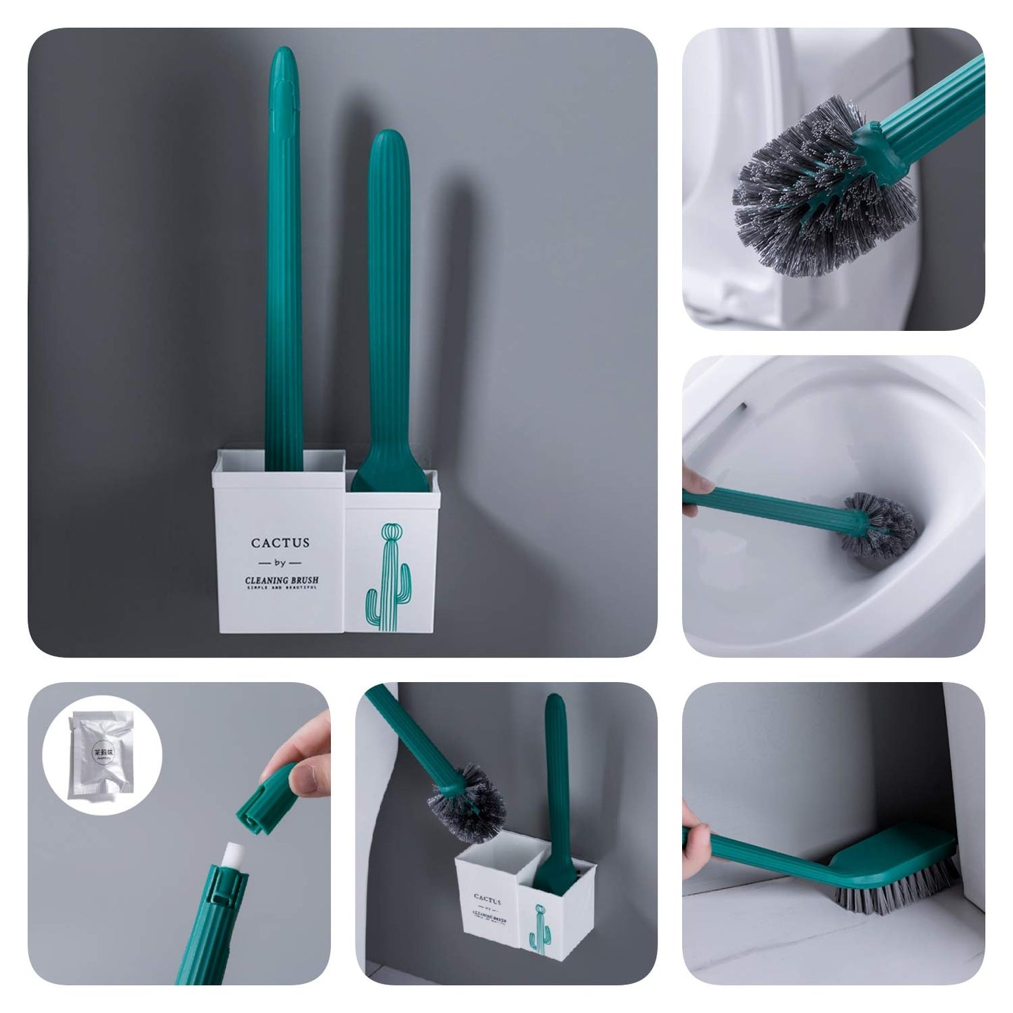 Toilet Brush and Holder Cactus Shape Set of Two Easy to Clean Without Dead Ends Kit Long Brush for Bathroom Cleaning Wall Adhesive Mount