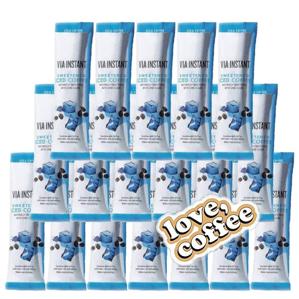 Instant Sweetened VIA Iced Coffee Medium Roast Packets & Exclusive Coffee Vinyl Sticker! (18 Packets Total)