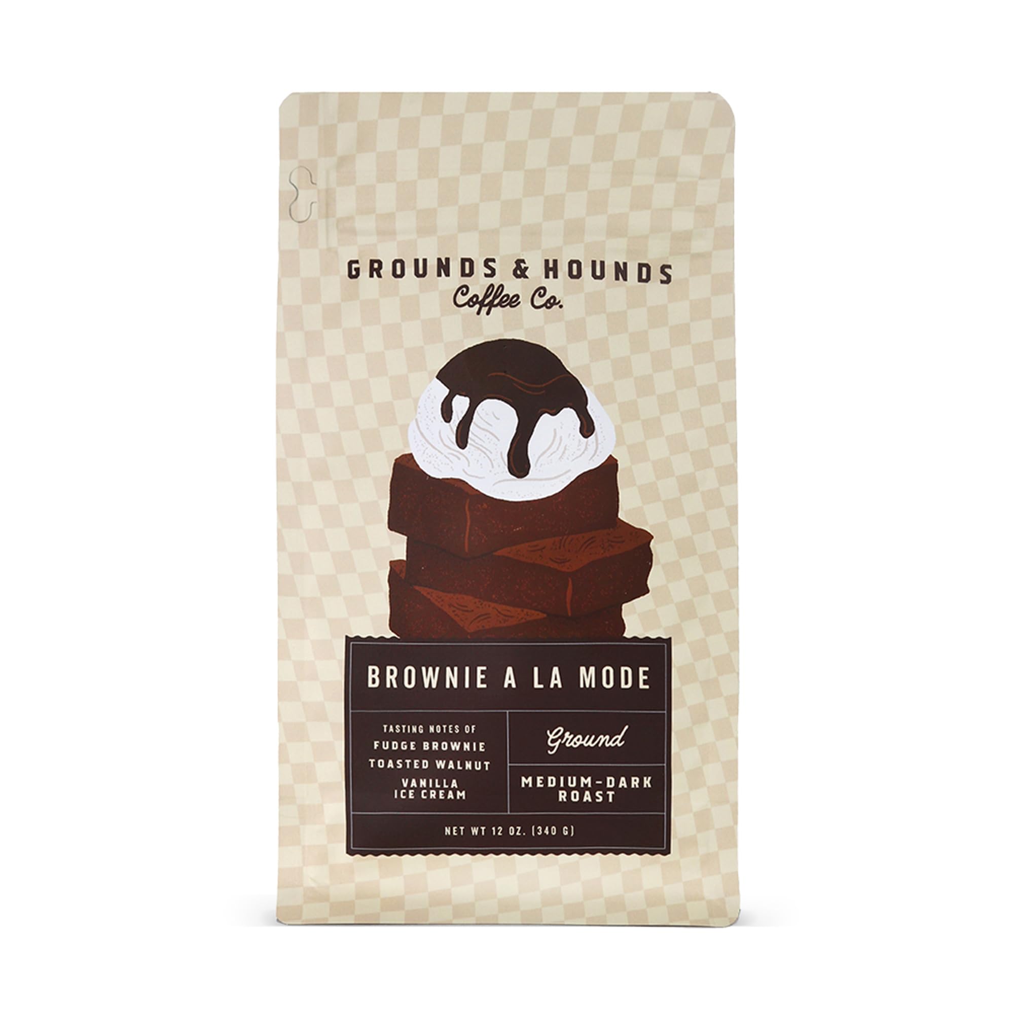 Grounds & Hounds Coffee - 12oz Ground Bag, Medium/Dark Roast Coffee, Brownie A La Mode Ground 12oz bag