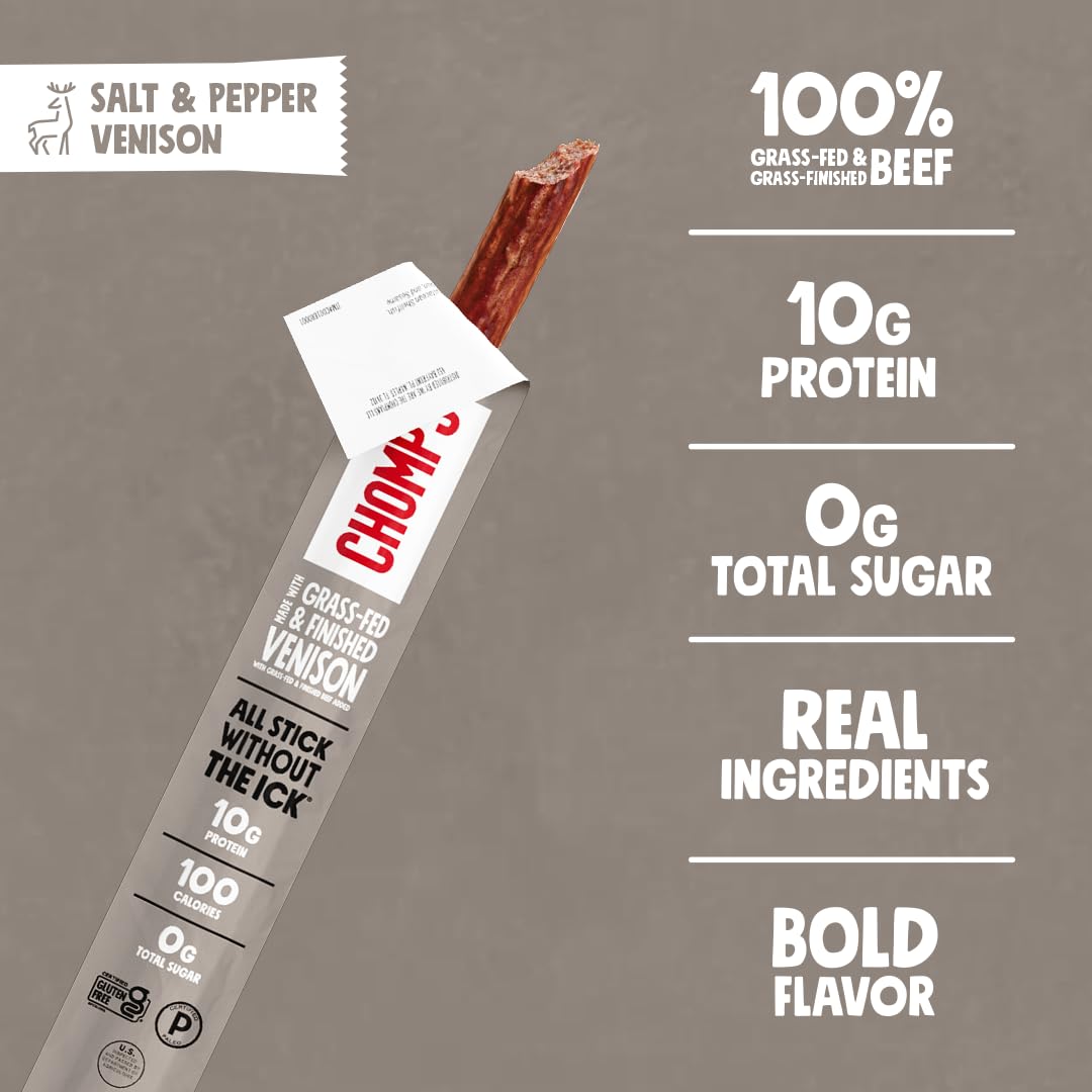 Chomps Grass-Fed & Finished Salt & Pepper Venison Jerky Meat Snack Sticks 10-Pack - Keto, Paleo, Low Carb, Whole30 Approved, 10g Lean Meat Protein