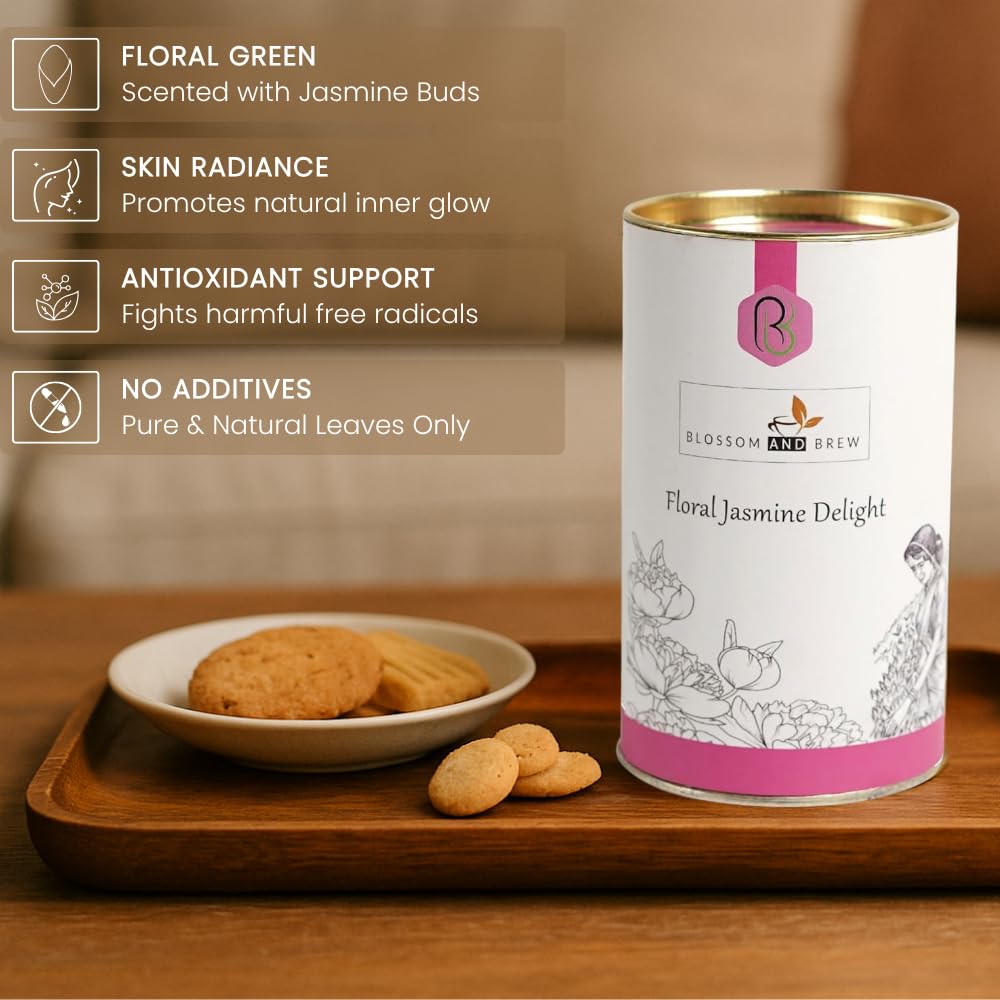 Blossom & Brew Floral Jasmine Delight Darjeeling Green Tea with Pure Jasmine Buds(2.46oz) - Aromatic Whole Leaf Blend from India - Floral Flavor, Low