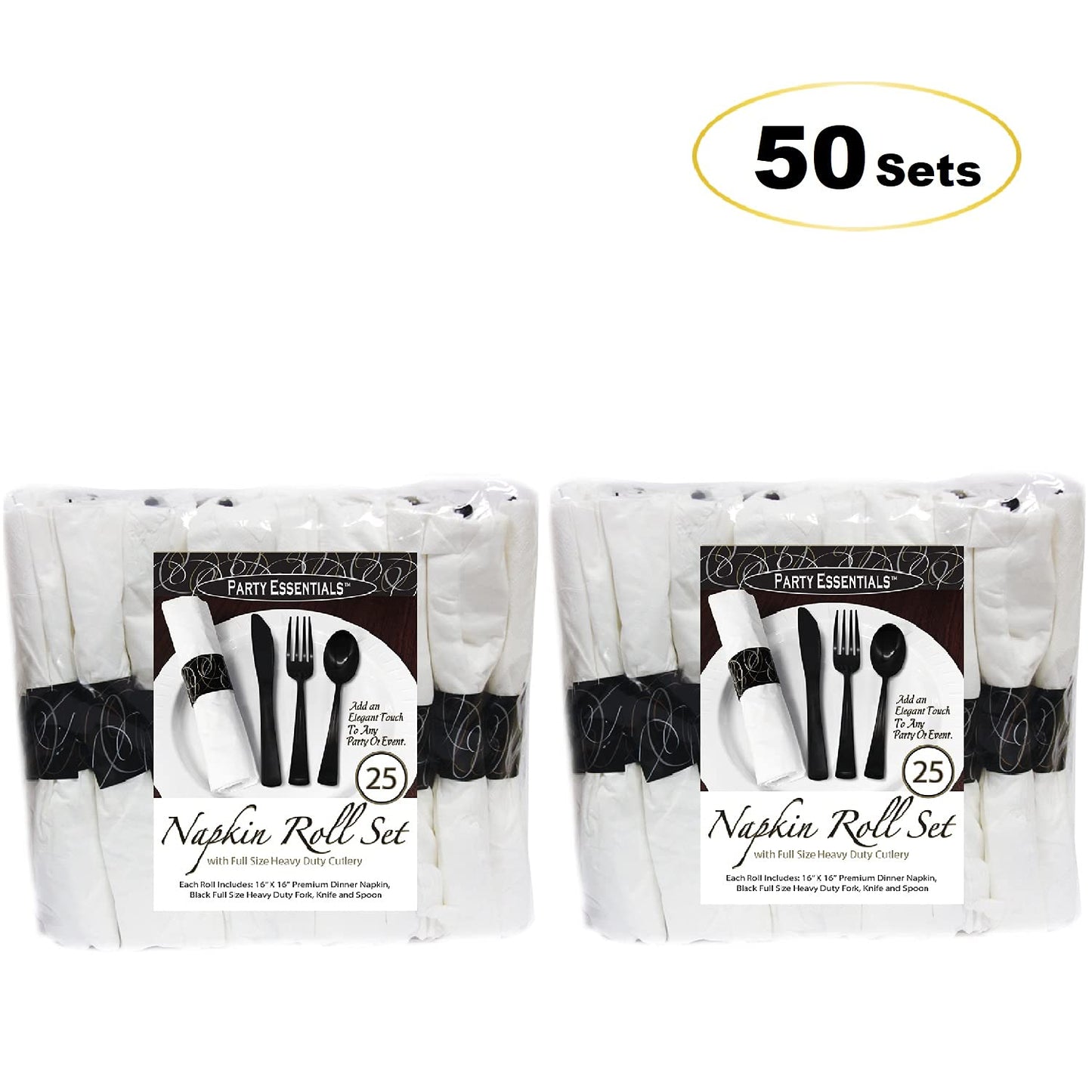 Party Essentials Party Supplies Wrapped Silverware Set Disposable, Pre Rolled Napkin and Cutlery, Spoons/Forks/Knives Black, 50 Units