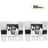 Party Essentials Party Supplies Wrapped Silverware Set Disposable, Pre Rolled Napkin and Cutlery, Spoons/Forks/Knives Black, 50 Units