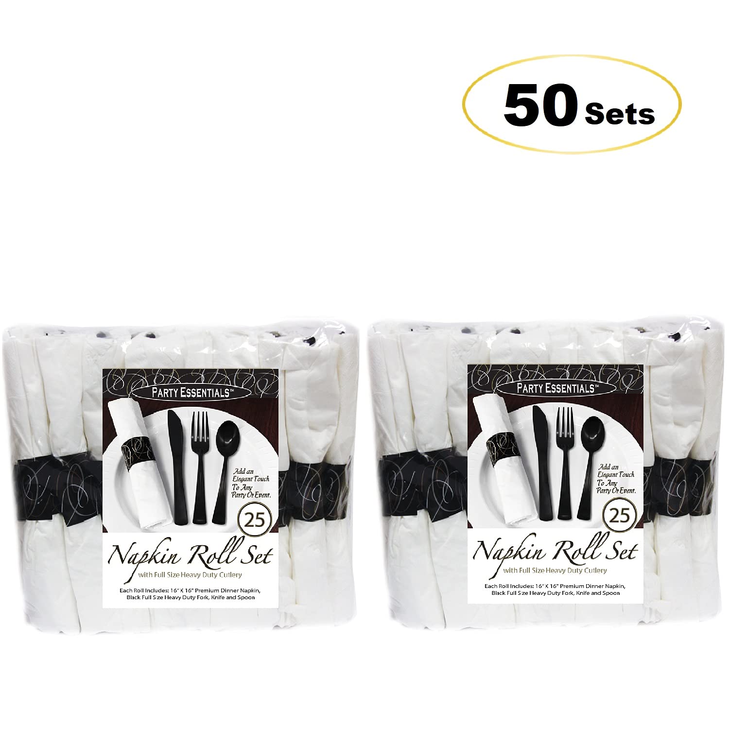 Party Essentials Party Supplies Wrapped Silverware Set Disposable, Pre Rolled Napkin and Cutlery, Spoons/Forks/Knives Black, 50 Units