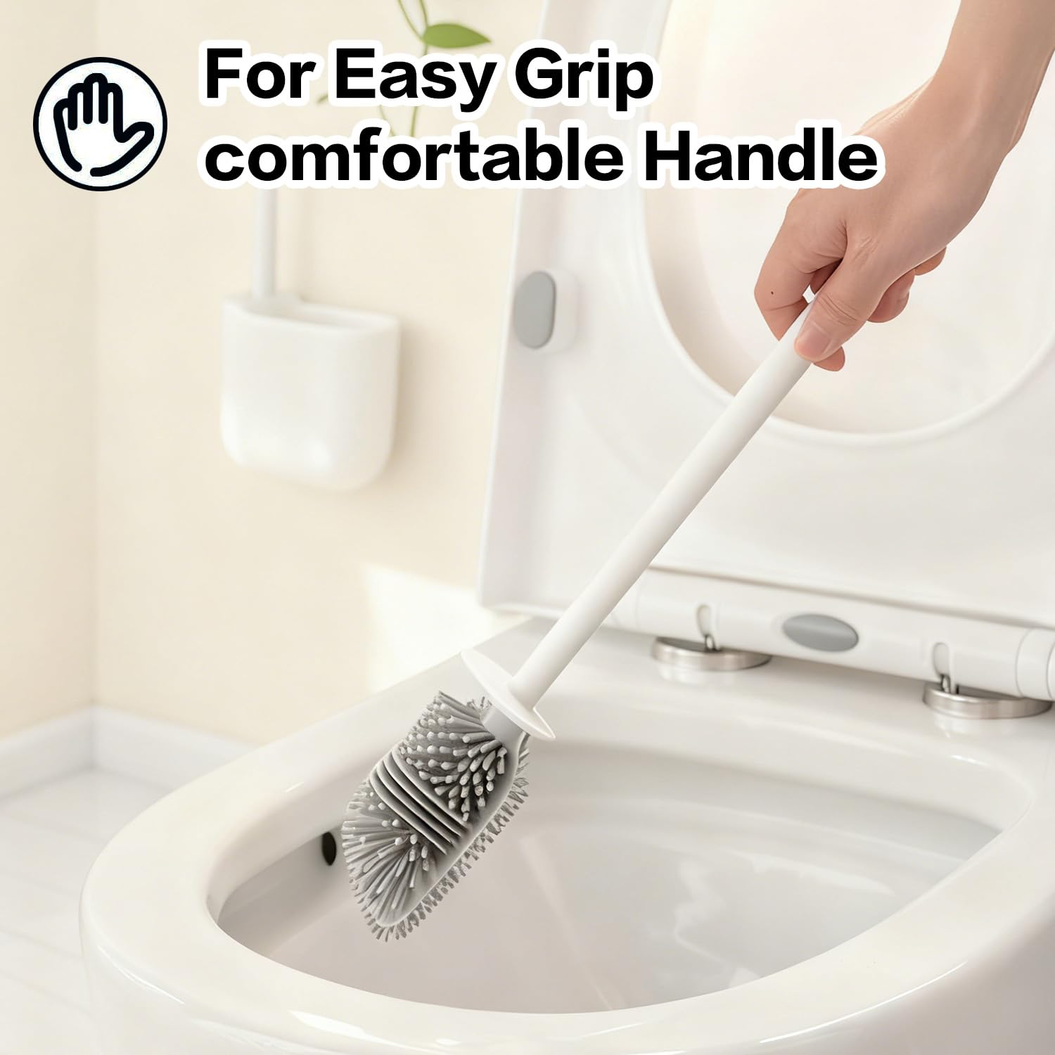 Silicone Toilet Brush Set with Corner Brush & Wall-Mounted Holder, No-Scratch Design with Drainage Holes, Adhesive Installation, White
