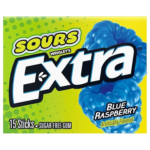 Extra, Sours Blue Raspberry Sugar Free Chewing Gum Sour Candy Fruit Gum, 15 Stick Pack, 15 Count