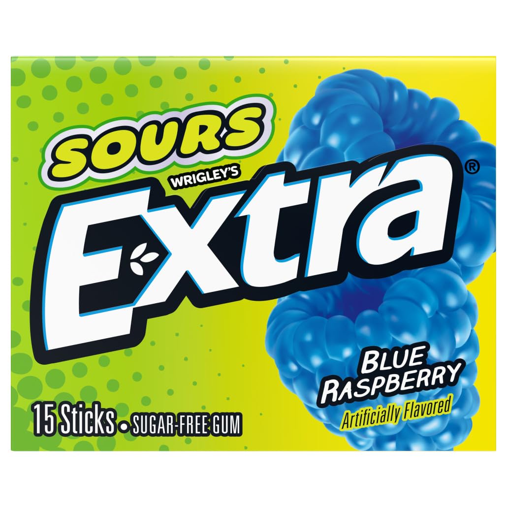 Extra, Sours Blue Raspberry Sugar Free Chewing Gum Sour Candy Fruit Gum, 15 Stick Pack, 15 Count