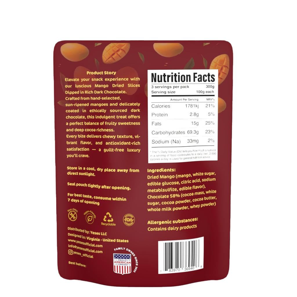 Mango Slices Dipped in Dark Chocolate Dringo Yeses - Premium Dried Mango Snack, Non-GMO, Vegan, Kosher, All-Natural, No Additives, 10.58 oz (300g)
