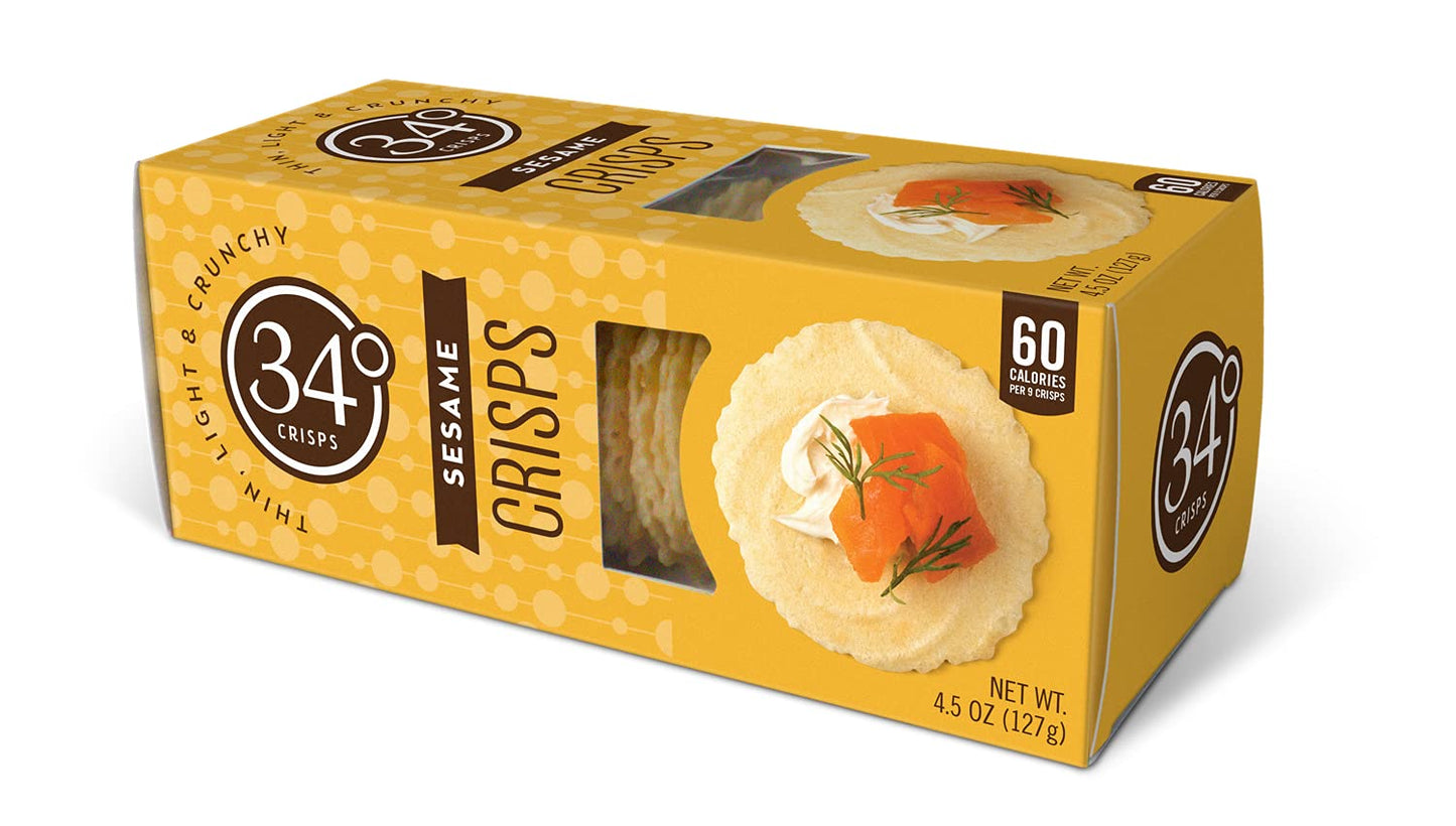 34 Degrees Sesame Crisps | Light & Crunchy Thin Crackers for Charcuterie, Cheese Boards & Entertaining, Single Pack (4.5oz)