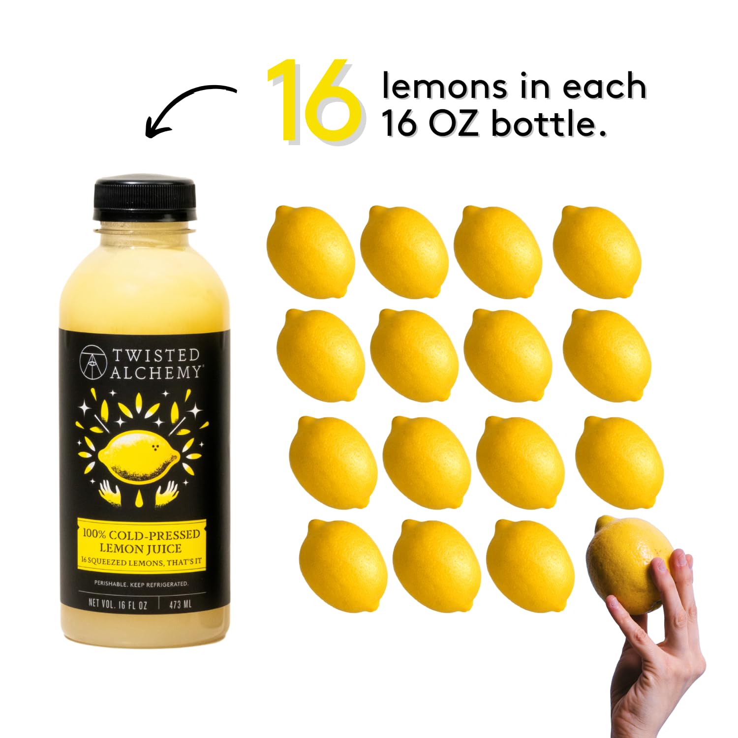 Twisted Alchemy Cold Pressed Eureka Lemon Juice - Hand Squeezed, All Natural, Non-GMO, No Sugar Added, Preservative Free - 16 oz Bottle for Craft